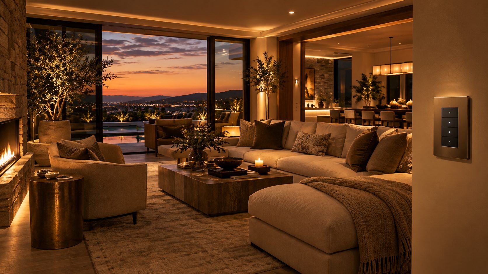 Lutron lighting control in a modern Charlotte home at sunset