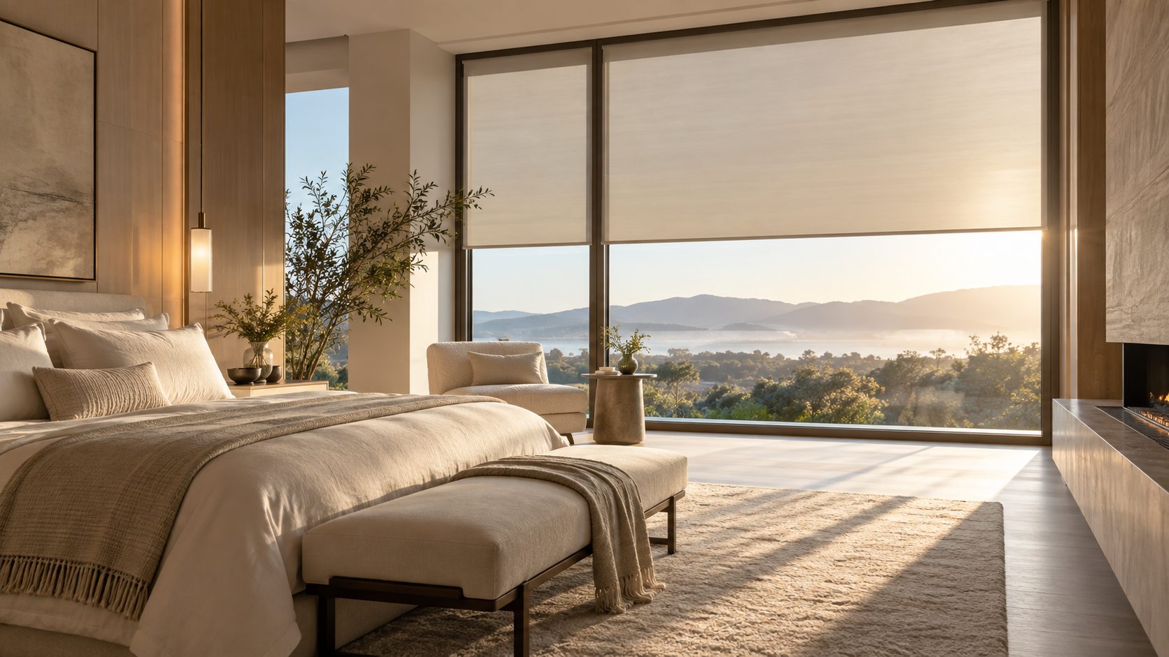 Bedroom with Lutron shades and soft daylight