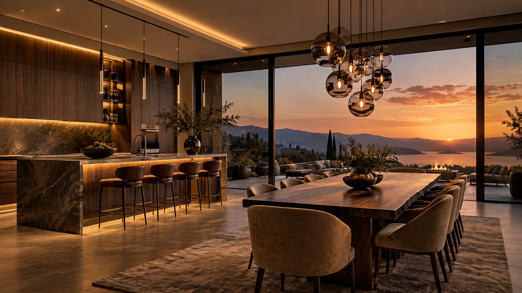 Modern kitchen and dining room with integrated smart lighting